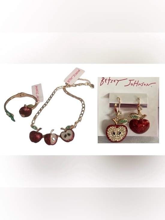 Betsey Johnson Jewelry - BETSEY JOHNSON SET Apple & Worm Hinged Bracelet 3 Apple Necklace & Earrings NWT